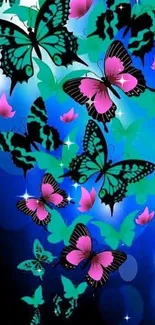 Colorful butterflies on a blue background mobile wallpaper.