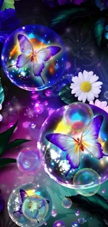 Vibrant butterfly wallpaper with colorful flowers and bubbles.