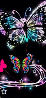 Vibrant butterfly wallpaper with neon accents on a dark background.