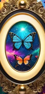 Elegant butterfly cosmic wallpaper with ornate golden frame.