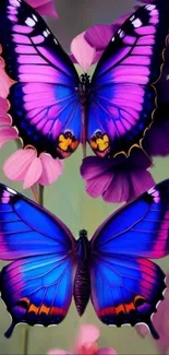 Vibrant purple and blue butterflies on a pink floral background.