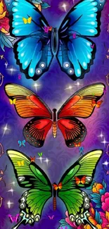 Vibrant butterflies with floral patterns on a purple background.