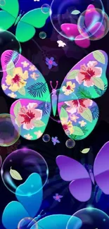 Colorful butterfly wallpaper with bubbles and floral patterns.