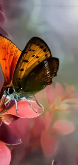 Orange and brown butterfly perched on pink flowers, creating a vibrant mobile wallpaper.