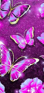 Vibrant purple butterfly and floral wallpaper with glitter accents.