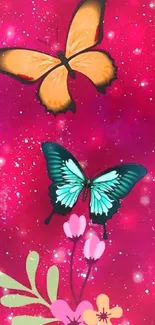 Vibrant butterflies with flowers on a magenta background.