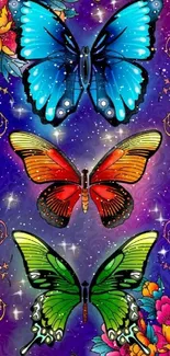 Vibrant mobile wallpaper with colorful butterflies and floral accents on a purple background.