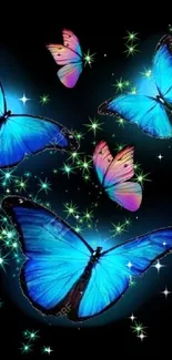 Vibrant blue and pink butterflies with glowing accents on a dark background.