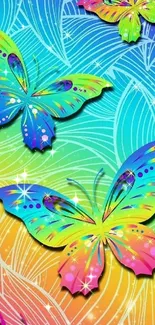 Vibrant rainbow butterfly wallpaper with colorful butterflies on a multicolored background.