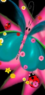 Vibrant butterfly and ladybug wallpaper with pink and blue hues.