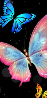 Vibrant butterflies with glowing colors on a black background mobile wallpaper.