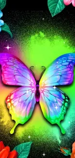 Colorful butterfly with vibrant flowers wallpaper.