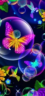 Vibrant butterflies and flowers with glowing bubbles on a dark background.