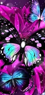 Vibrant butterfly wallpaper with pink and purple hues on a phone screen.