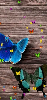 Colorful butterfly wallpaper on a wooden background for phones.