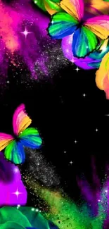 Vibrant butterflies with neon roses on a black background wallpaper.