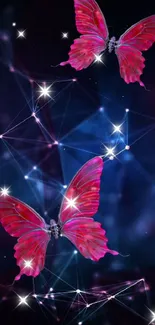 Pink butterflies on dark blue phone wallpaper.