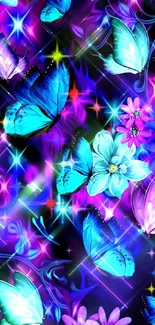 Colorful butterfly and flower wallpaper with neon blue highlights.