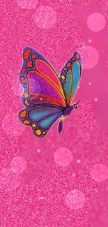 Colorful butterfly on sparkling pink wallpaper.