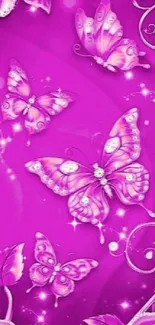 Vibrant pink wallpaper with butterflies and floral designs.