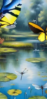 Colorful butterflies over a tranquil pond scene.