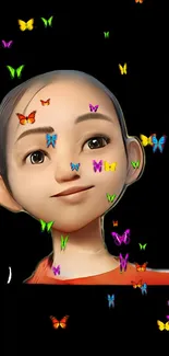 A whimsical character surrounded by colorful butterflies on a dark background.