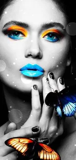 Striking portrait with blue accents and butterflies for mobile wallpaper.