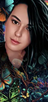 Portrait wallpaper with colorful butterflies and dark blue background.