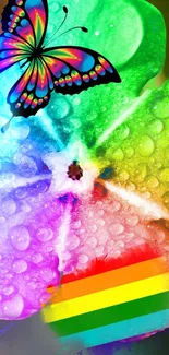 Colorful butterfly and rainbow wallpaper with vibrant raindrop effects.