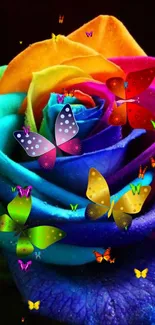 Rainbow rose with butterflies in vibrant colors