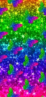 Colorful butterfly rainbow wallpaper with sparkles.