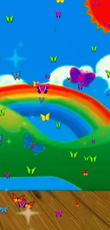 Vibrant wallpaper with butterflies and a rainbow on a sunny day.