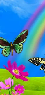 Butterflies and rainbow in a colorful nature scene.