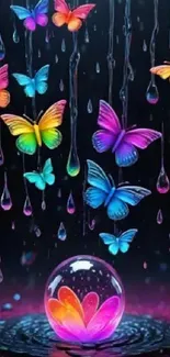 Colorful butterflies and raindrops on a dark background.