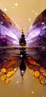 Purple and gold butterfly reflecting on a surface, creating an artistic design.