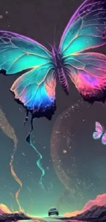 Colorful neon butterfly on fantasy road wallpaper.