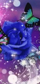 Colorful butterflies on a vibrant blue rose in a purple swirl background.