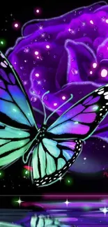 Vibrant butterfly on glowing purple rose wallpaper.