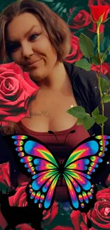 Colorful butterfly and roses mobile wallpaper with fantasy elements.