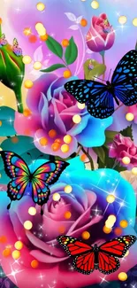 Vibrant mobile wallpaper featuring colorful butterflies and roses.