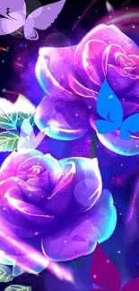 Purple roses and vibrant butterflies wallpaper.