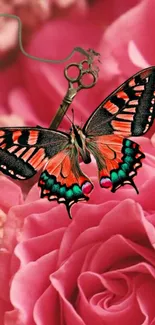 Butterfly resting on vibrant pink roses with floral background.