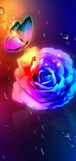 Vibrant multicolored rose with butterfly on colorful background.