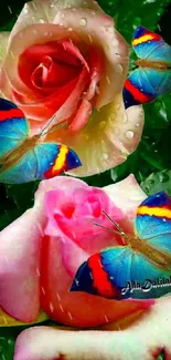 Vibrant blue butterflies on pink roses with lush green leaves background.