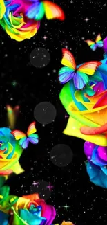 Colorful rainbow roses and butterflies on a black starry background.