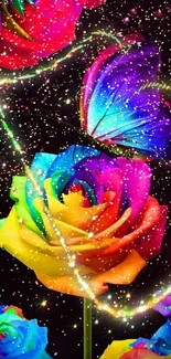 Vibrant butterfly on rainbow rose wallpaper with colorful sparkles.