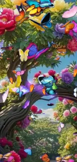 Colorful butterflies in a vibrant garden setting with bright flowers.