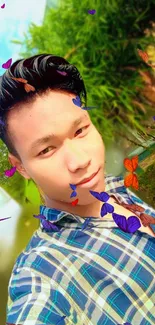 Selfie with vibrant butterflies in colorful background.