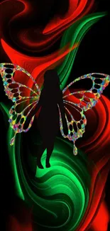 Artistic butterfly silhouette with vibrant swirling colors on a mobile wallpaper.