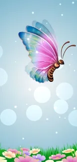 Colorful butterfly with flowers against a blue sky mobile wallpaper.